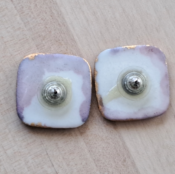 Hand Painted Ceramic Earrings MODERNIST Abstract Violet Dark Purple Gold - Picture 5 of 5